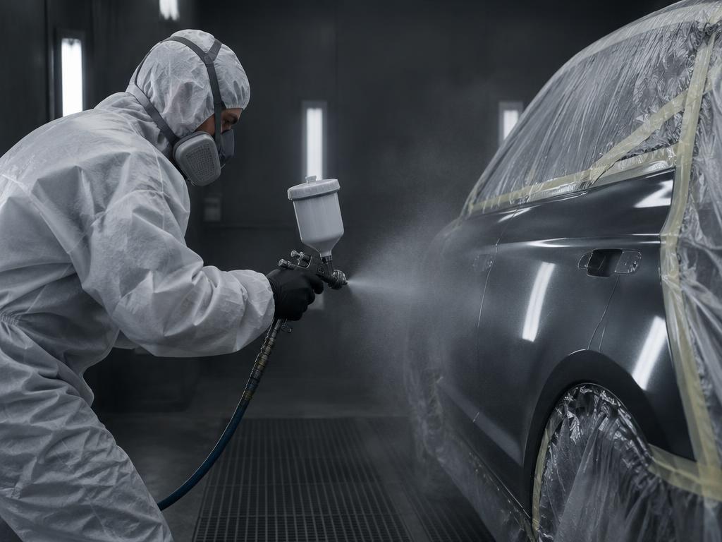 Painter refinishing a car panel